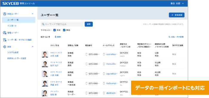 組織内の連絡先、ユーザーを管理者がまとめて登録・管理