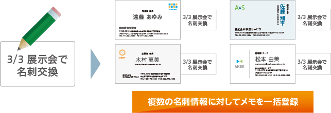 複数名刺へのメモの一括登録