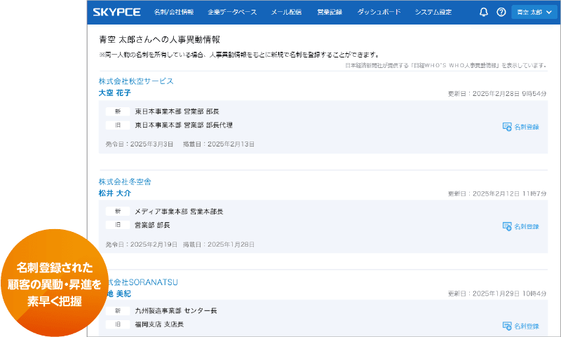 顧客の人事異動情報を表示し、キーパーソンの状況把握をサポート
